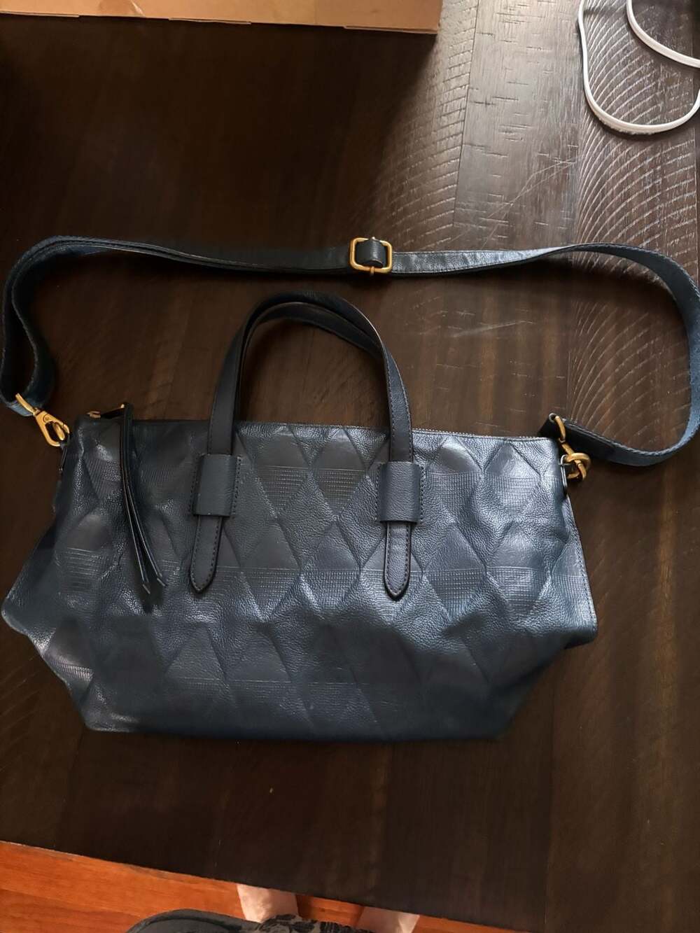Fossil Navy Blue Diamond Quilted Leather Satchel Crossbody Bag